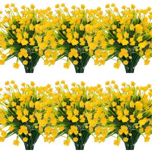 TURNMEON 12 Bundles Artificial Flowers for Outdoors Summer Decor, Realistic UV Resistant Fake Plants Faux Plastic Flowers for Outside Planter Home Gardens Patio Porch Yards Cemetery Decor(Yellow)