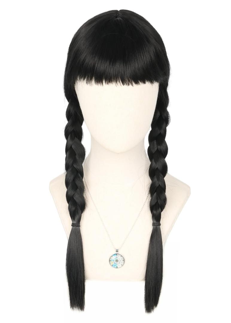 Topcosplay Kids Girls Wednesday Wig Black Long Straight With 2 Braids Halloween Costume Wigs