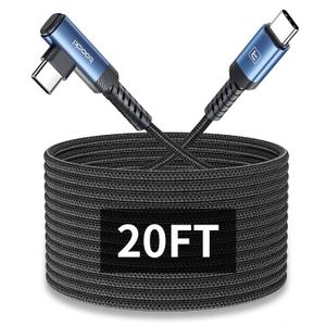 20FT Right Angle USB C Cable, 60W Extra Long Charging Cord Nylon Braided USB C Charger Cable for iPhone 16/15 Pro Max, iPad/MacBook, Galaxy S20, Pixel, Switch, Camera (Blue)
