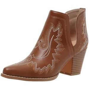 SelRoys Cowboy Boots for Women Cowgirl Ankle Western Embroidered Stitched Pointed Toe Cutout Chunky Heels Short Booties Red Brown Black 9