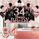 34th Birthday Decorations for Women, 49pcs Black Rose Gold Black Happy 34th Birthday Banner, Tablecloth, Butterfly Decor, Sash and Tiara, Cake Topper, Candles, Balloons Arch
