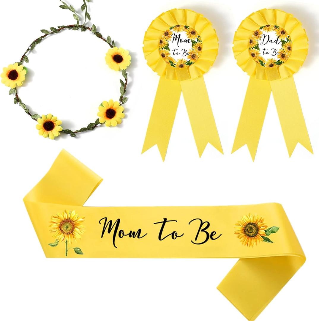 Xinnun 4 Pieces Mom to Be Sash Baby Shower Decoration Sunflower Themed Sash for Mommy and Dad Corsage Pin with Sage Green Leaf Flowers Crown for Baby Shower Party Favors Gender Reveal (Yellow)