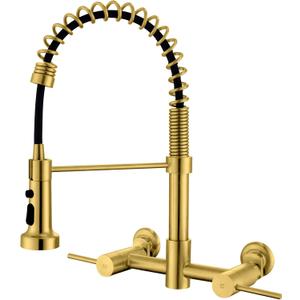 Wall Mount Kitchen Faucet, 8 Inch Center Wall Mount Kitchen Sink Faucet with Pull Down Sprayer, Commercial Brushed Gold