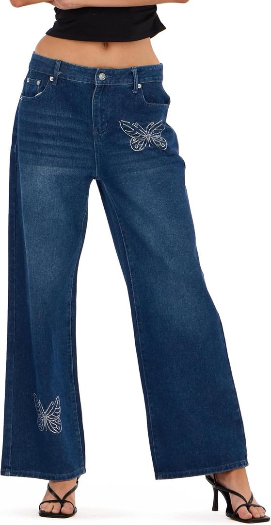 Forever 21 Women's Denim with Rhinestone Bows and Studs (8, Blue)