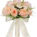 CYANLUX Wedding Bouquets for Bride Bridesmaid Bouquet Champagne White Artificial Roses Flowers for Wedding Valentine's Day Church Home Decoration (Champagne)