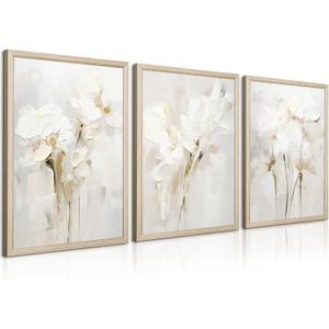 Neutral Wall Art Abstract Floral Canvas Pictures Beige Flower Wall Decor Modern Painting Minimalist Poster Abstract Botanical Prints White Artwork for Bedroom Living Room 16x24x3 Inch Wood Framed