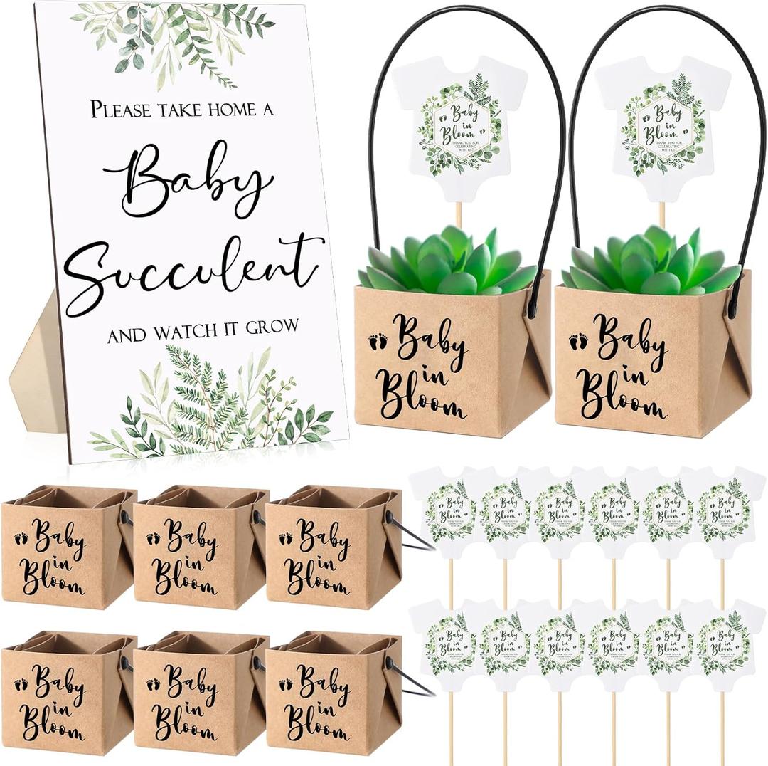 Geetery 101 Pcs Succulent Baby Shower Party Favors for Guests Include 1 Wooden Table Sign 50 Kraft Succulent Pots and 50 Tags for Baby Shower Party Gifts(Greenery)