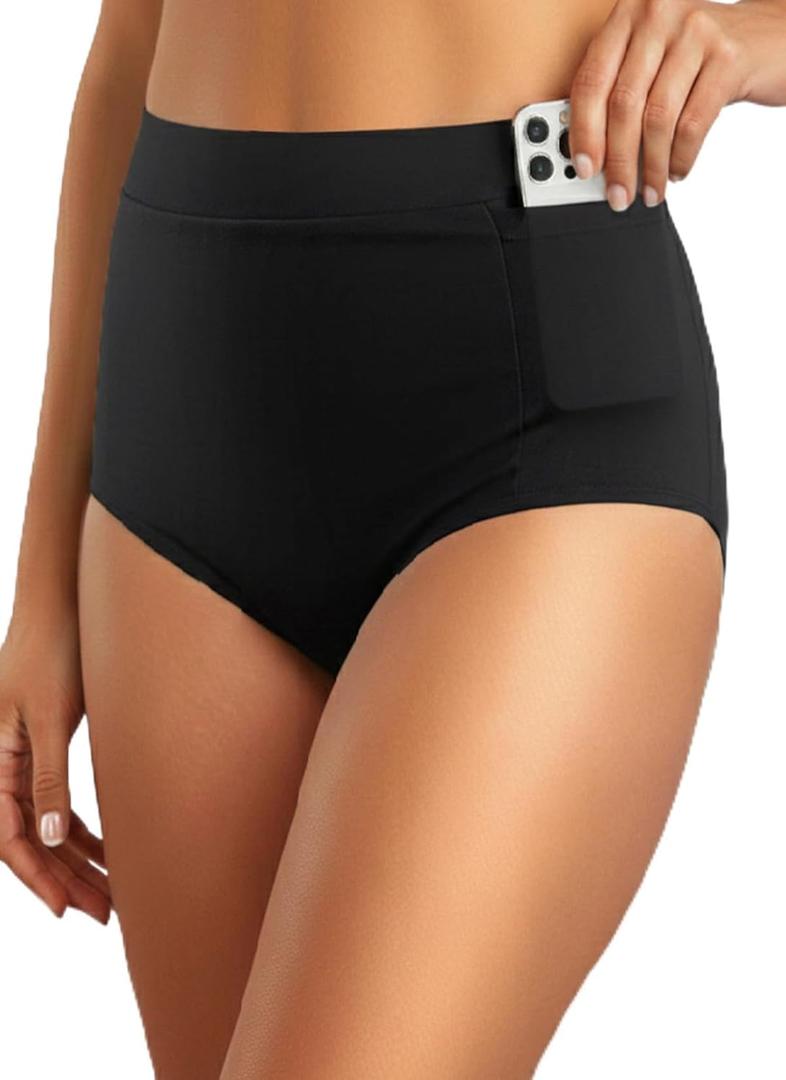 Tempt Me Women's High Waisted Bikini Bottom Full Coverage Tummy Control Swimsuit Bottom with Pockets (X-Large, Black)