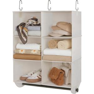 StorageWorks Hanging Closet Organizer with Metal Rod, 6-Section Closet Organizers and Storage, Collapsible Hanging Shelves for Baby Clothes, Shoes, Sweater Storage, Ivory and White (12"D x 24"W x 33"H)