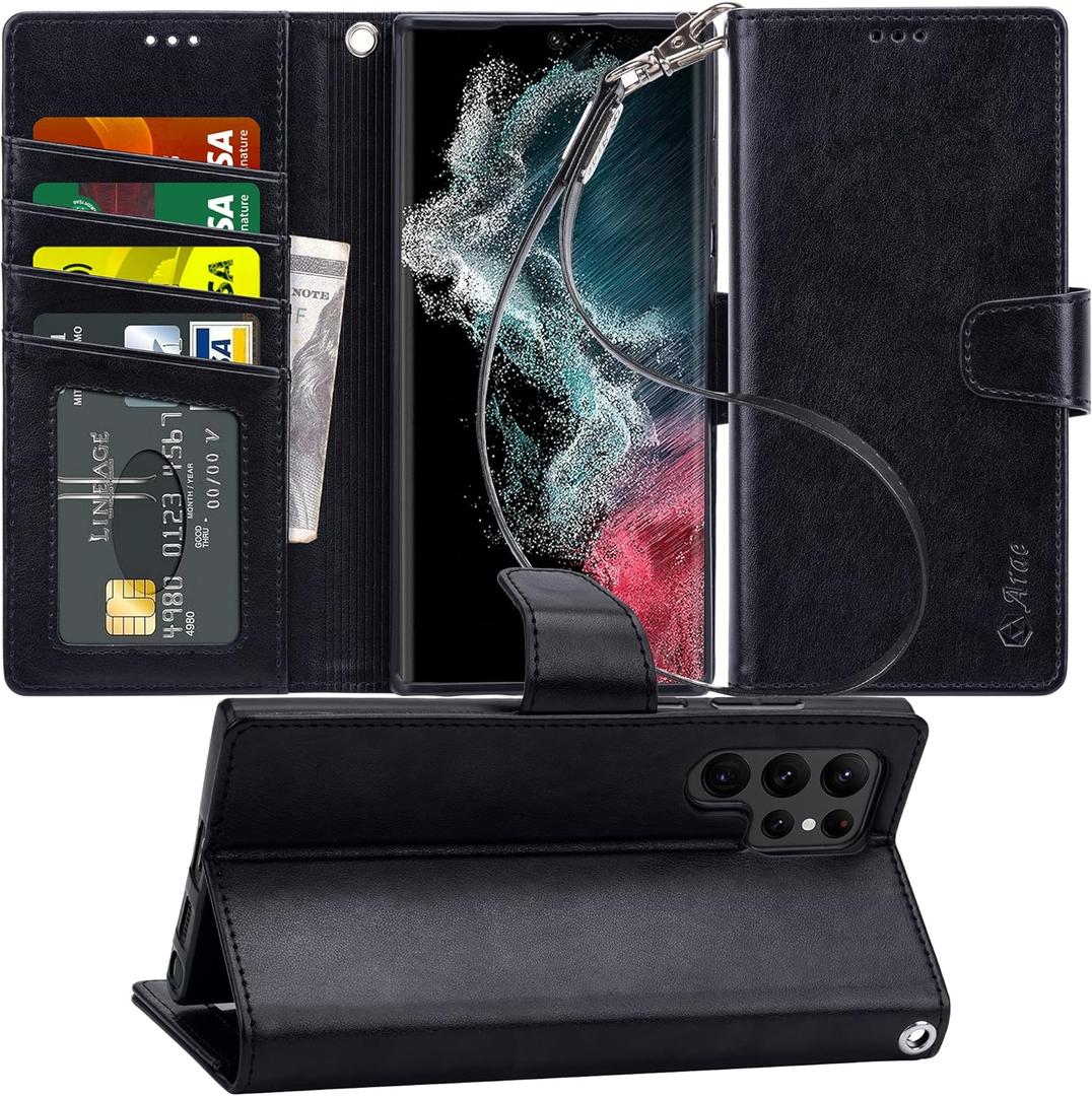 Arae Case for Samsung Galaxy S22 Ultra 5G PU Leather Wallet Case Cover [Stand Feature] with Wrist Strap and [4-Slots] ID&Credit Cards Pocket (S22 Ultra-6.8 inch, Black)