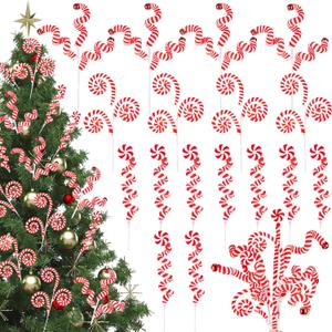 24 Pcs Christmas Tree Decoration Woolen Bells Candy Cane Design Shape Picks Red White Lollipop Curly Pick Ornaments Xmas Tree Topper for Party Vase Filler Home Office Decor