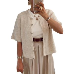 Women's Y2K Button Down Cardigans Shirts Summer Short Sleeve Knitted Blouse Top Going Out Cropped Knit Tops (Large)