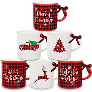 Whaline 6Pcs Christmas Mini Coffee Mug with Ribbon Red Black Plaid Truck Reindeer Xmas Tree Tiered Tray Decor for Christmas Gift Table Centerpieces Decor