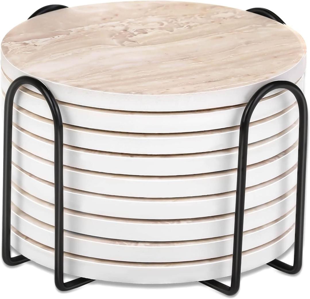 9 Pieces Ceramic Coasters for Coffee Table Absorbent, Billbotk Drink Coasters with Holder, Marble Style Coasters for Wooden Table, Home Decor, Suitable for Kinds of Cups, 4 Inches,Old Beige