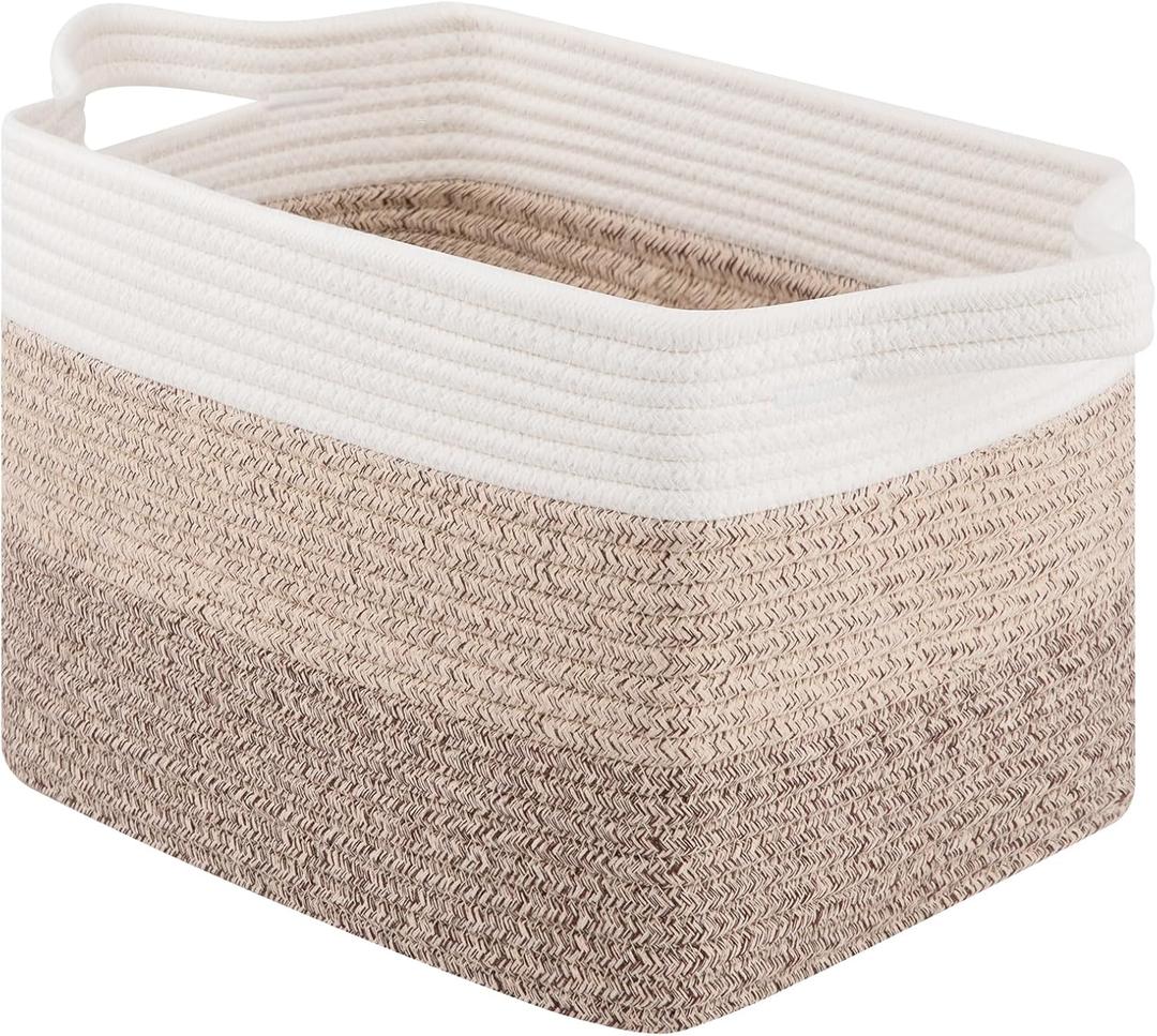 OIAHOMY Woven Storage Basket for Shelves, Rectangle Cotton Rope Baskets for Organizing, 13 x 10 x 9 in, Storage Bins for Dog Toys, Towel, Books, Gift, Gradient Brown