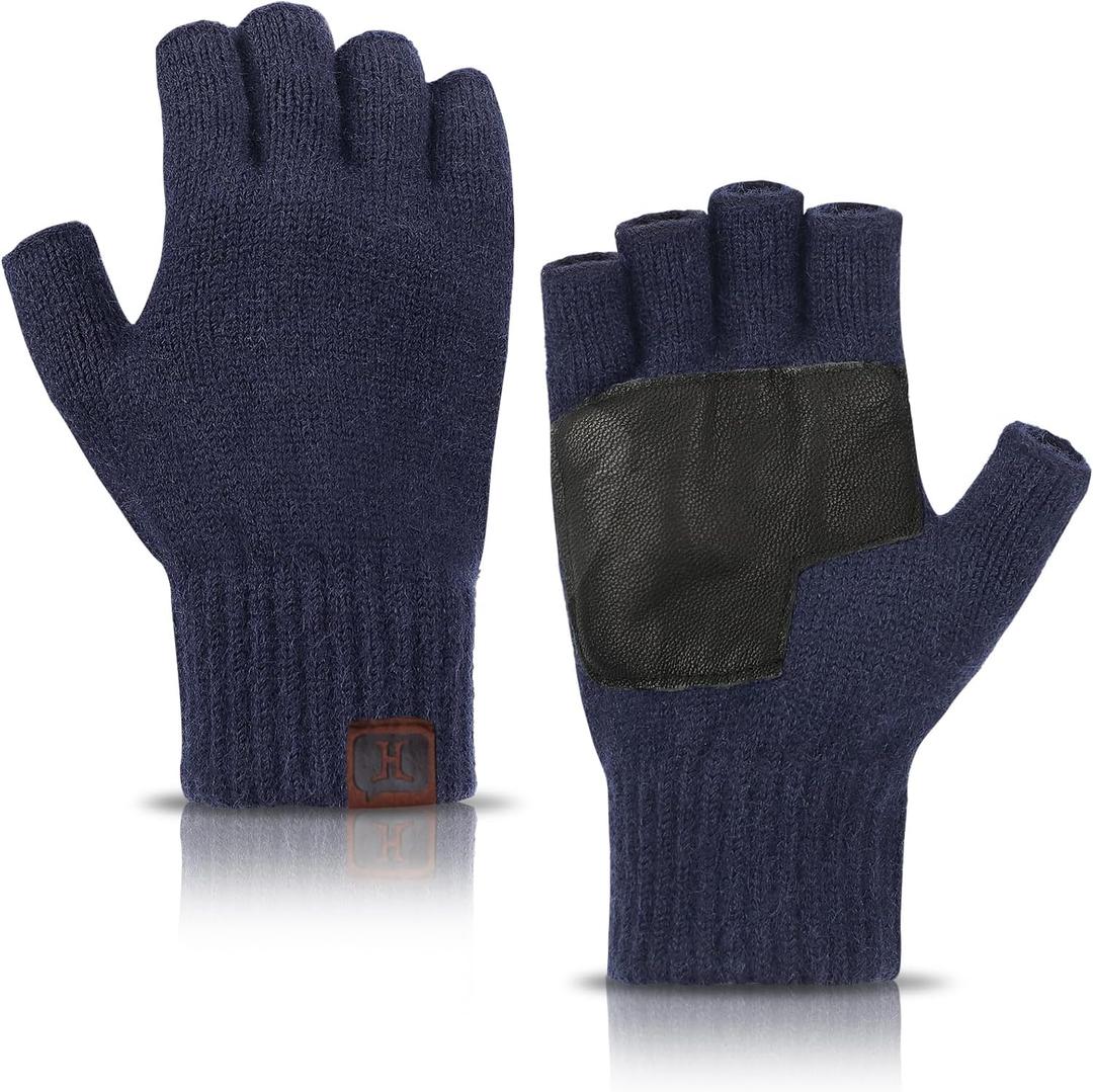 MAYLISACC 1/2 Pairs Winter Knit Fingerless Gloves, Warm Touchscreen Texting Open Finger Gloves with Anti-Slip Leather (Navy)
