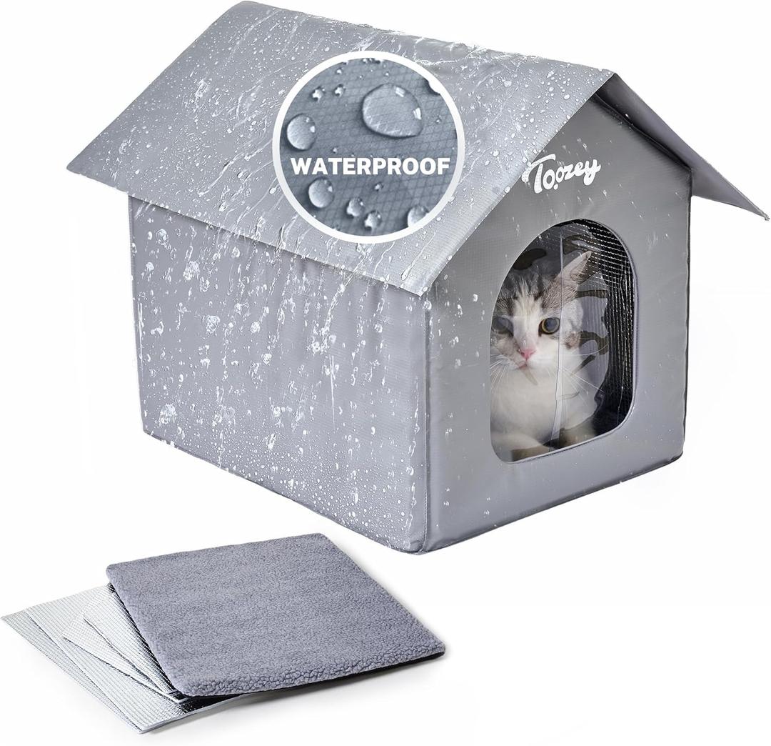 Toozey Insulated Outdoor Cat House with 4 Bonus Insulation Sheets - Weather-Resistant, Easy Assembly, Durable Feral Cat Shelter with Removable Soft Mat for Winter Protection, Grey