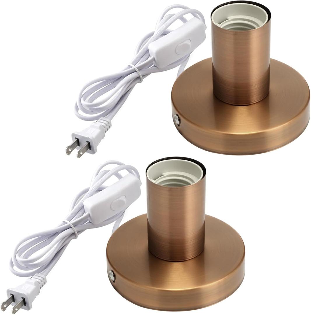 Tuanse 2 Pcs Polished Metal Desktop Lamp Base E26 E27 Screw Light Bulb Holder Sockets Night Light Base Lamp Replacement for Holding Bulb 6 Feet Cord on Off Switch Plug (Copper,Aluminum)