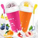 FANS-ONE Slushie Cup, 2 Pack Frozen Magic Slushy Cup, Reusable Slushie Maker Cup for Juice Yogurt Ice Cream Make, DIY Slushy Maker Cups with Lid & Straw Cool Stuff for Boys Girls Teen (Pink+Orange)
