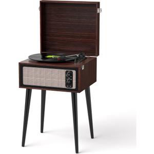 Vintage Standing Vinyl Record Player with Detachable Legs, PC Recording, 3-Speed Belt Driven Bluetooth Turntable Built-in Stereo Speakers Use as Stand or Tabletop Player, Home Decor, Espresso