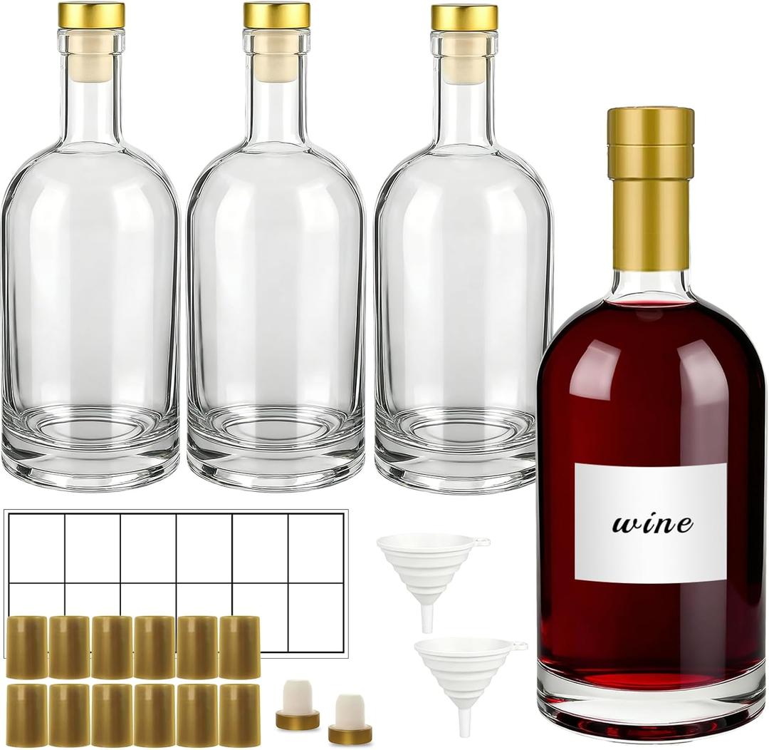 25 oz Clear Glass Bottles with Cork, 4 Pack Clear 750ml Liquor Bottles, Thick Heavy Base Airtight Wine Bottles for Beverages, Liquor, Whiskey, Oil, Vinegar, Wedding Favors & Crafts