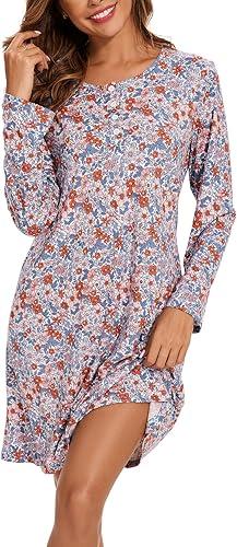Long Sleeve Nightgowns for Women Soft Cotton Nightshirts Sleepwear Button Night Gowns (XL, Flowers)