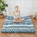 Zelladorra Japanese Floor Mattress, Futon Mattress with Portable Storage Bag and Washable Cover, Roll Up Thick Tatami Mat Suitable for Camping, Guest Room (Blue Striped Jacquard, Full)