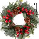 Artificial Christmas Wreath 22 Inch large Christmas Door Wreath Outdoor with Hangers, Green Pine Touch Door Wreath with Red Berries, Pine Cones for Wall Window Porch Home Indoor Outdoor Decor