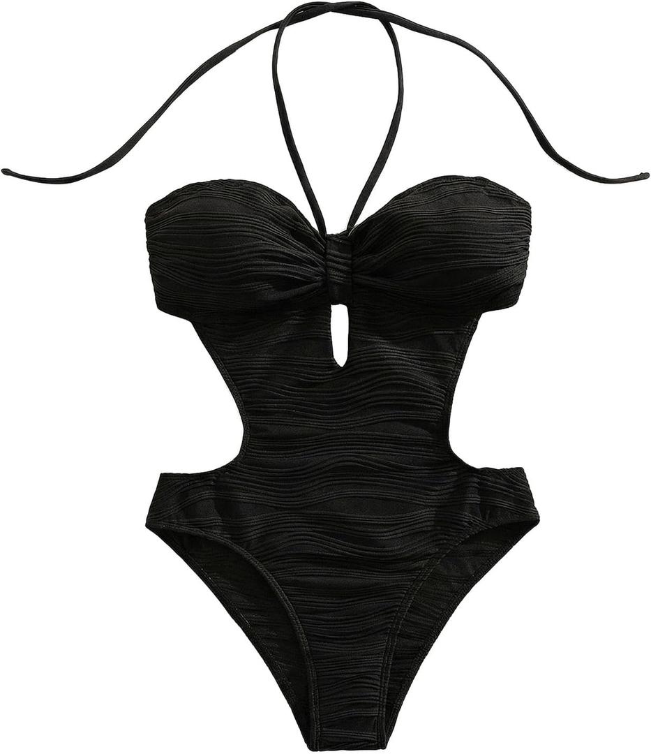 MakeMeChic Women's One Piece Swimsuit Cut Out Halter Open Back Bathing Suit Swimwear (Black, XS)