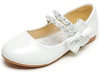 Parrosoo Little Girls White Dress Shoes Flower Girls Shoes Toddler Girls Flats Low Heel Princess Fancy Kids Shoes Church First Communion Shoes Birthday Easter Wedding (8102White 1)