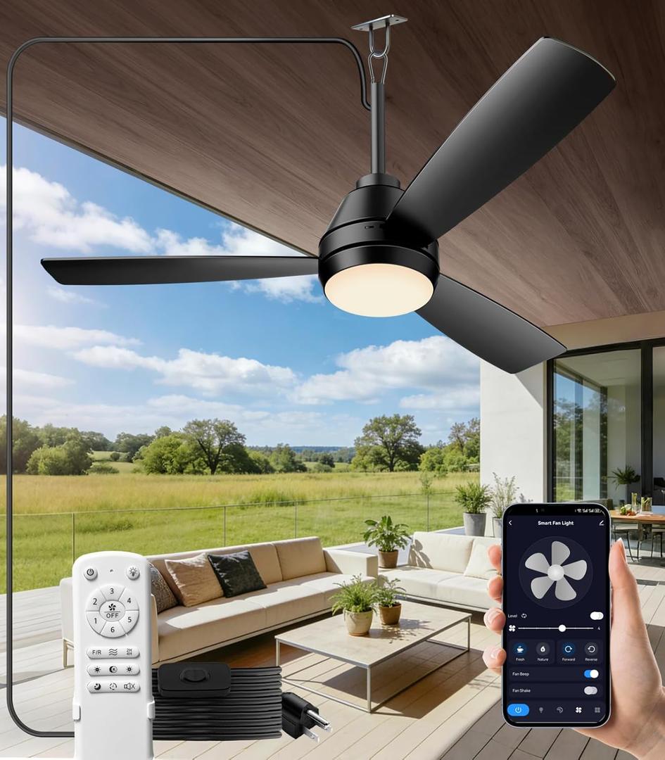 42 inch outdoor ceilling fan,plug-in ceiling fan light with 16tf cord,Gazebo fan light dimmable 3CCT LED,Reversible,Portable hook design for bedroom garage tent porch kitchen patio.