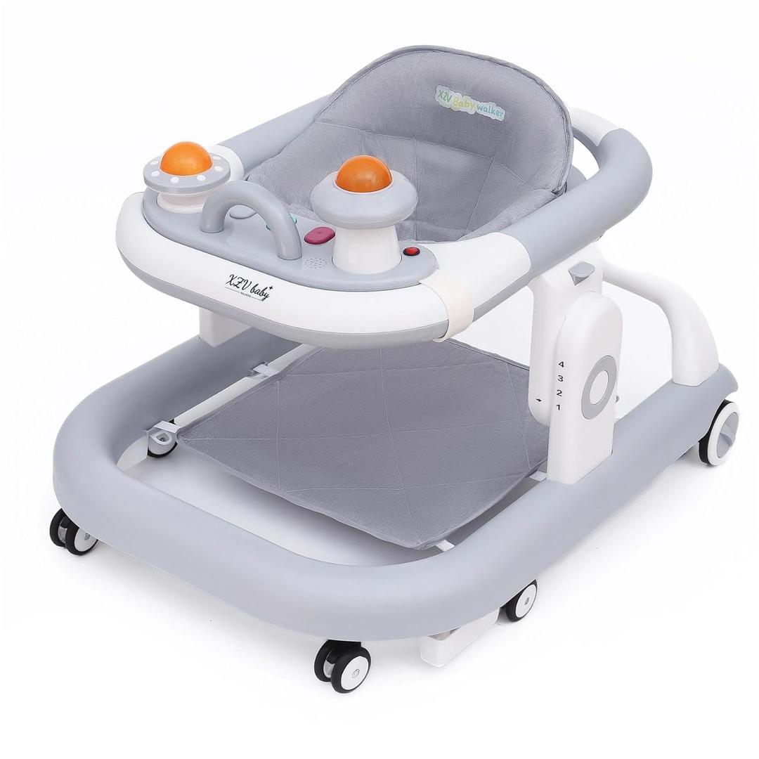 5-in-1 Baby Walker with Wheels Foldable Height-Adjustable Walker for Baby Boy 6-12 Months with Feeding Tray Multi-Functional Activity Center (Grey)