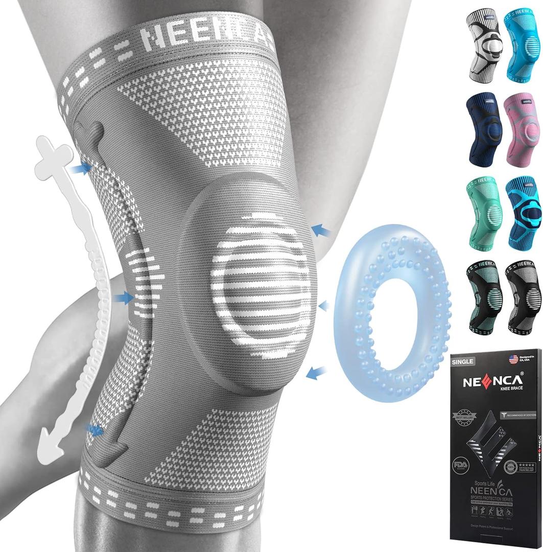 NEENCA Professional Knee Brace for Women/Men, Knee Support with Patella Pad & Side Stabilizers, Compression Knee Sleeve for Knee Joint Pain, Meniscus Tear, ACL, PCL, Runner, Workout - FSA/HSA Approved (Large, Grey)