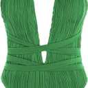 ZAFUL Women Plunging One Piece Swimsuit Backless Cross Tie High Cut Thong One-Piece Bathing Suit (Medium, 23-green)