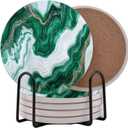 Green Moss White Agate Marble Round Coasters Set of 6 - Abosrbent Ceramic Coasters with Metal Stand for Drinks, Coffee, Non-Slip Cork Back Tabletop Protection, 4 Inches Marbled Pattern (White Green)