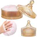 Tioncy 2 Pcs Extra Large Dusting Powder Puff and Container for Women-6'' Glass Crystal Dusting Powder Container with Body Soft Washable Reusable Velour Face(Amber,Classic)