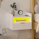 White Floating Nightstand with Charging Station and LED Lights (White)