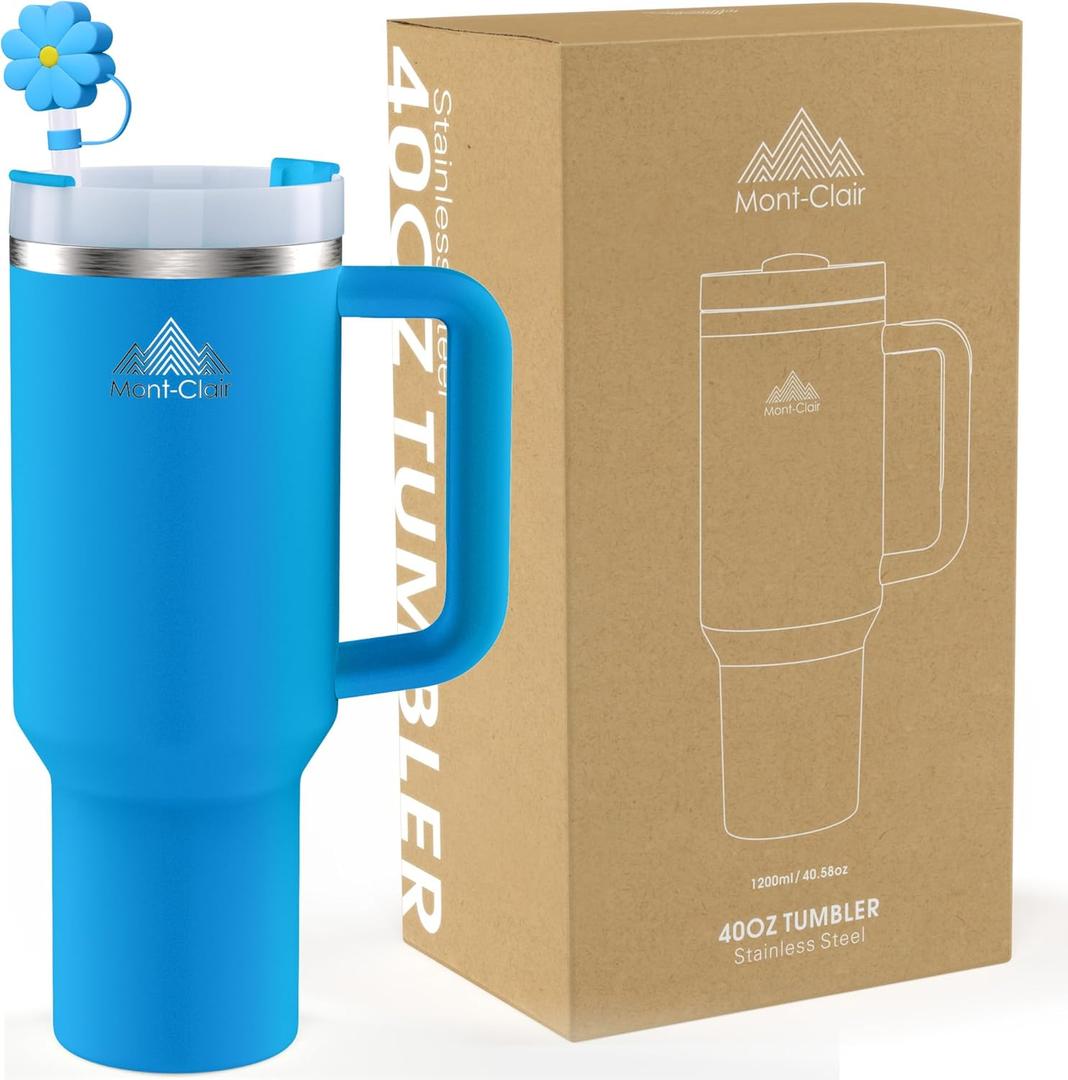 Mont-Clair 40oz Tumbler with Straw and Lid - Insulated Stainless Steel Travel Mug with Handle - Travel Mug - Hot & Cold Drinks - Cold or Hot for 10 hours - Iced for 48 hours - 1200ml (Blue)
