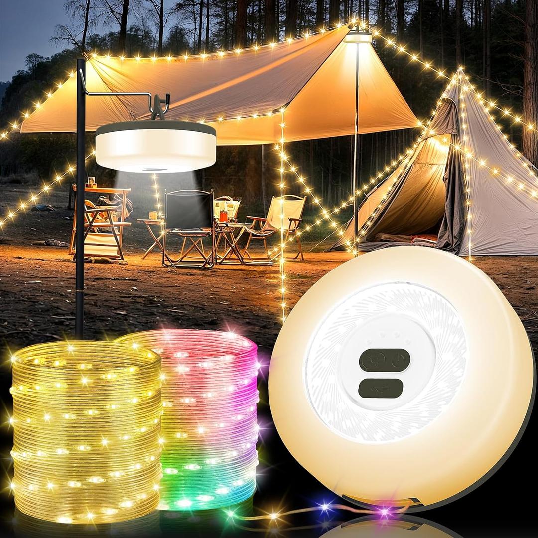 Camping String Lights, 4 in 1 Quick Storage 32.8FT Rechargeable Fairy String Light with 9 Modes Hanging Waterproof LED Camp Lamp for Camping Essentials Hiking Patio Awning Christmas Outdoor Decor (Warm & RGB)