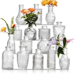 Glass Bud Vases Set of 16 - Assorted Small Mini Glass Vases for Flowers, Crystal Vintage Vase Set, Bulk Centerpieces for Table Dcor, Wedding, Home and Events (Clear, 16 Pcs)