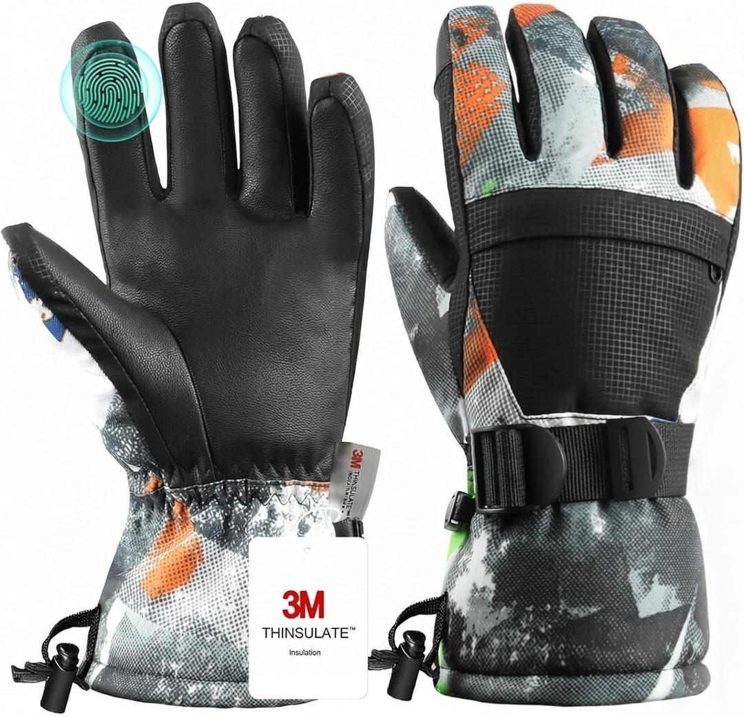 Ski Gloves, Warmest Waterproof and Breathable Snow Gloves for Cold Weather, Fits Both Men & Women, for Parent Child Outdoor (S(Fit Kids 8-10 Years), Black+Orange)