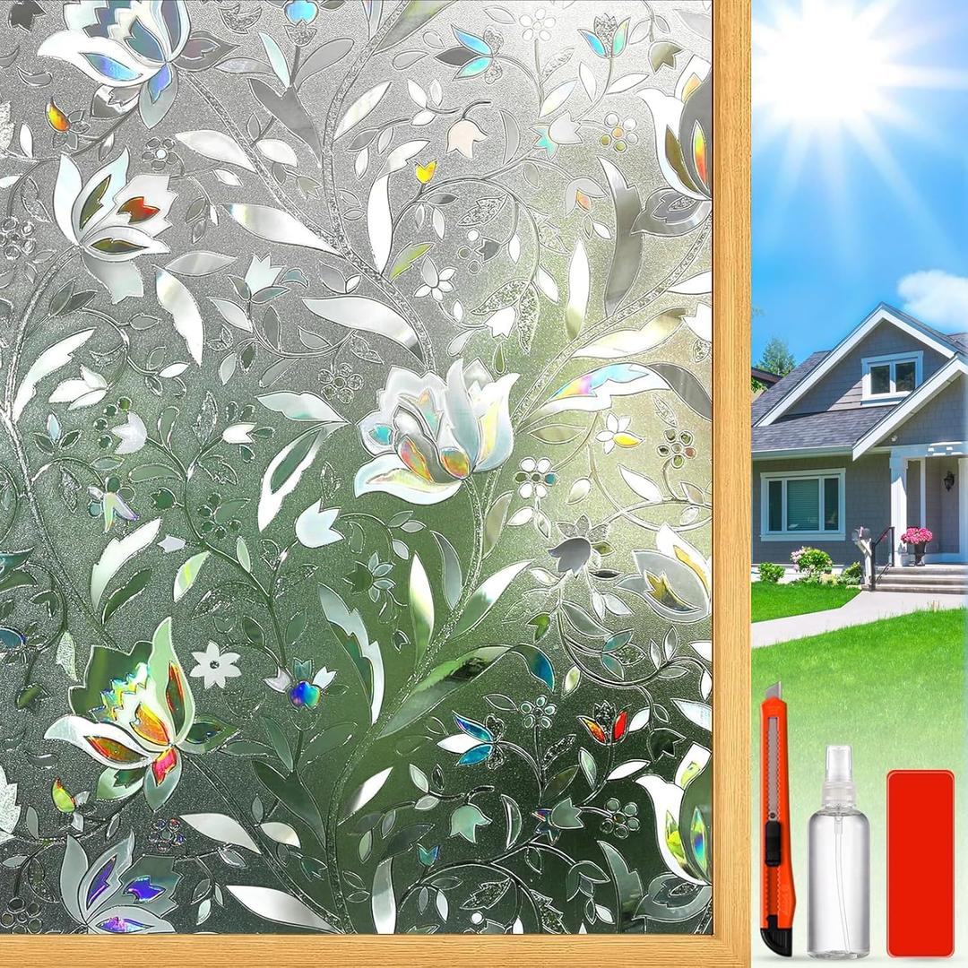 Rainbow Window Privacy Film Decorative, Stained Glass Tint for Home, 3D Decals Clings for Glass Door, Static Cling 29.5" by 78.74" (Frosted Tulip)
