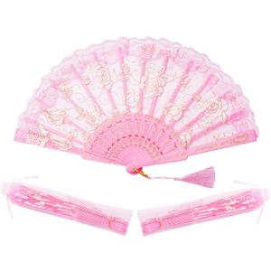 30pcs Pink Rose Lace Floral Folding Hand Fans Chinese retro folding fan Bridal Dancing Props Church Wedding party favors with Organza Bags