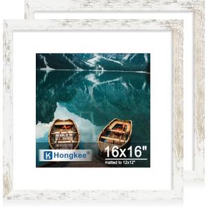 Hongkee 16x16 Frame Set of 2, Distressed White Wood Style - Display Square 12 x 2 with Mat or 16x16 without Mat, Wall Mounting Horizontal and Vertical