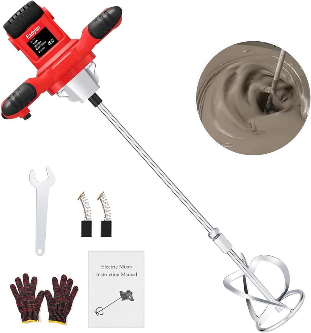 Cement Mixer, Handheld Electric Concrete Mixer, Portable Mortar Mixer with 6 Adjustable Speed, 110V Mud Mixer Machine Drill Tool for Paint Mortar Fodder Mixing Drywall Grout Plaster (Red)