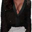 SHENHE Women's Sequin Crochet Cardigan Button Up Hollow Out Sheer Sparkly Cardigan Sweater (X-Large, Black)