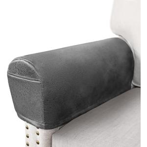 Leather Look Couch Arm Covers Set of 2 Armrest Covers for Sofa Chair Arm Protectors Stretch Armchair Slipcovers with Pockets Washable Spandex Fabric (Large, Light Grey)