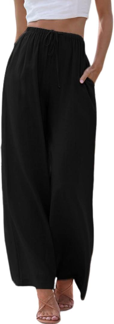 Tanming Wide Leg Linen Pants for Women Summer Flowy High Waisted Beach Palazzo Trousers (Black, M)