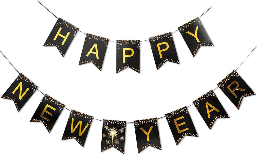 3 x MiniRed New Year Banner 2026, Happy New Year Bunting Banner with Shiny Gold Letter, New Year Party Decorations Supplies 2026.