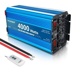 4000 watt Inverter Pure sine Wave Inverter 12V to 110V/120V Power Inverter, 8000W Peak DC to AC Inverter with LCD Display 4 AC Outlets,USB Port, Wireless Remote Control for Truck, RV